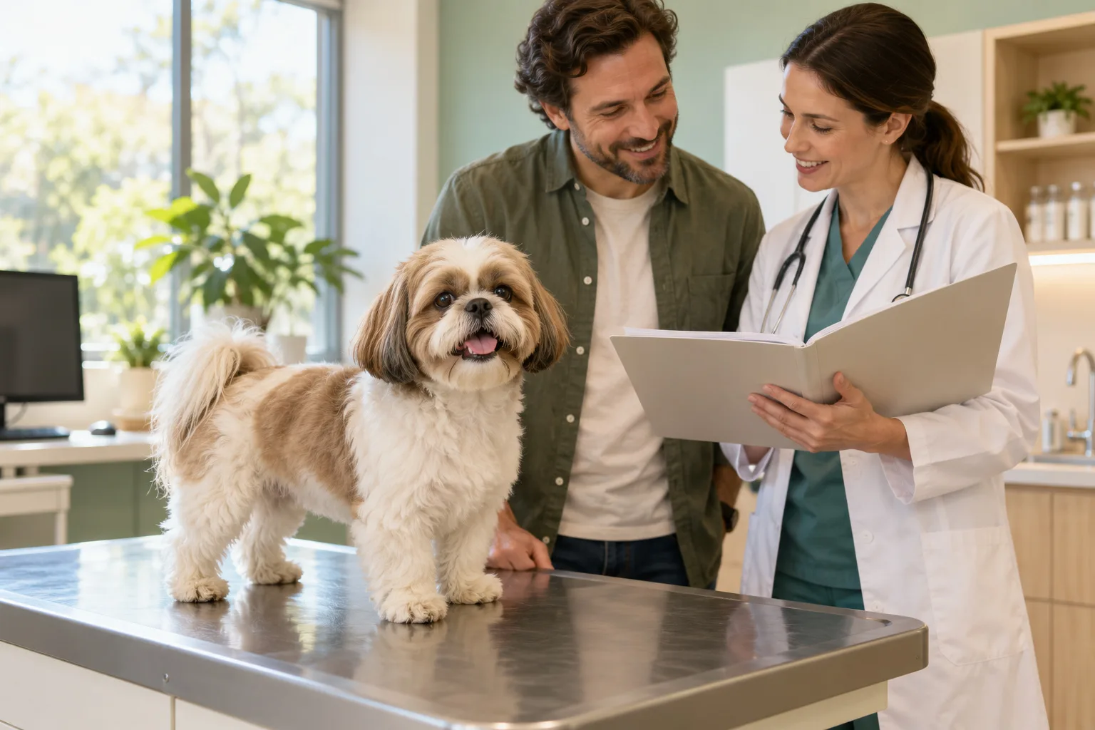 Shih Tzu on a consultation table with an owner and veterinary professional